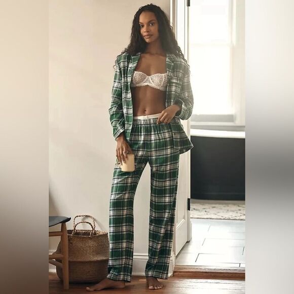 Eberjey Other - Eberjey Flannel Long PJ Pajama Set Green Tartan Plaid Cotton Womens Size Small